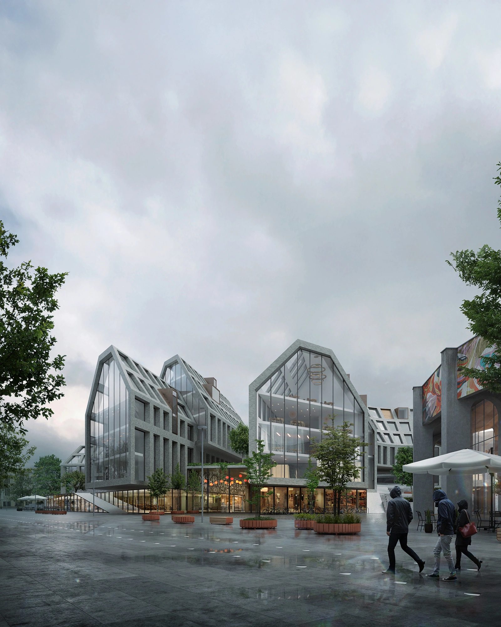 Rainy urban square with glass buildings and pedestrians.
