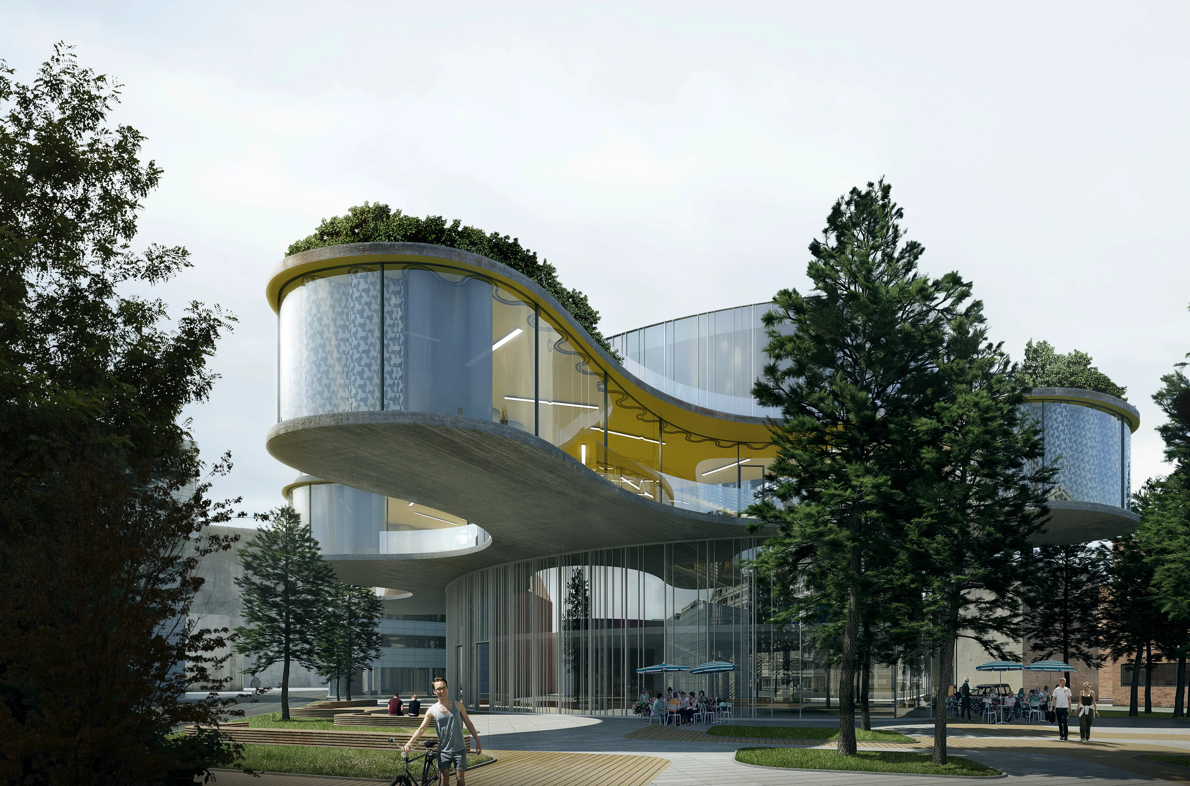 Curved contemporary library building with glass facade and yellow underside.