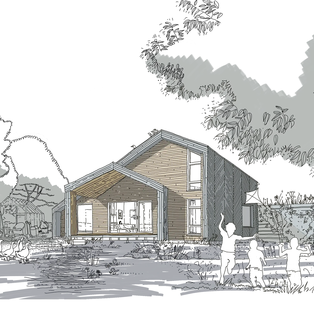 Architectural sketch of a pitched-roof house in a garden setting.