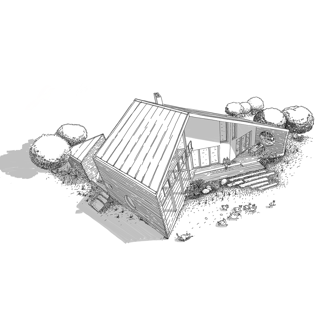 Architectural sketch of a low wing-shaped house.