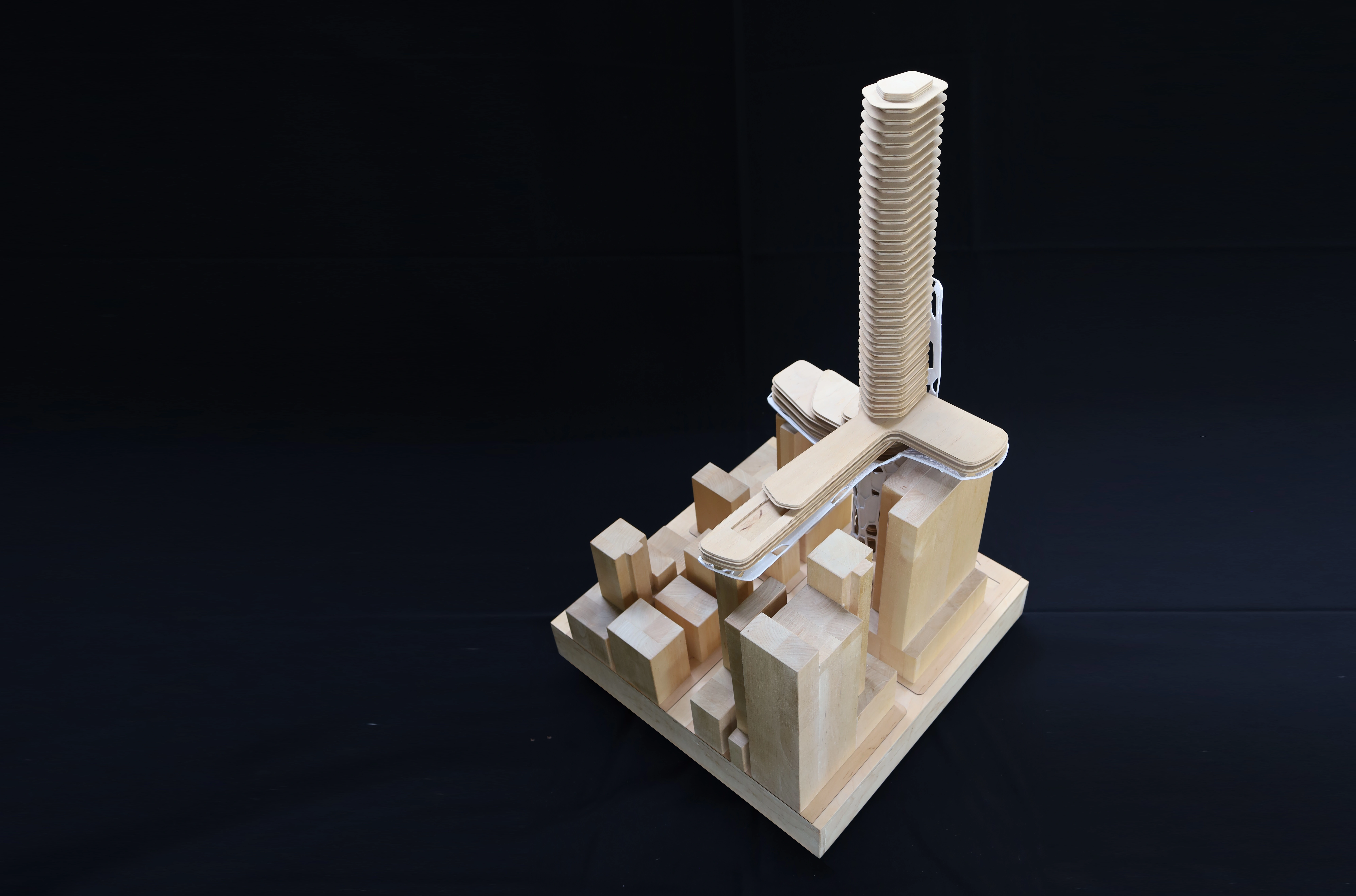 Physical architectural model of a tall hotel tower and podium.