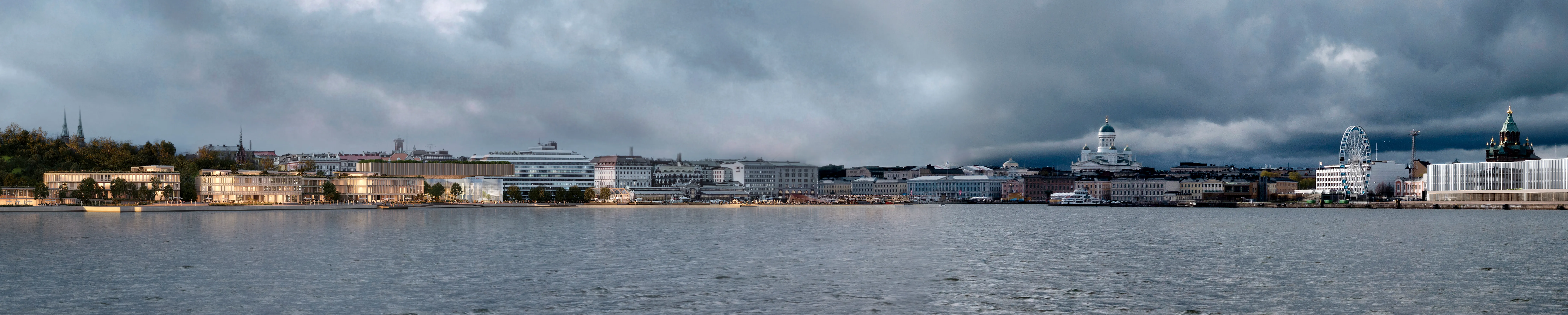 Panorama of the Helsinki waterfront skyline with the proposed Meltsinki museum among the existing buildings.