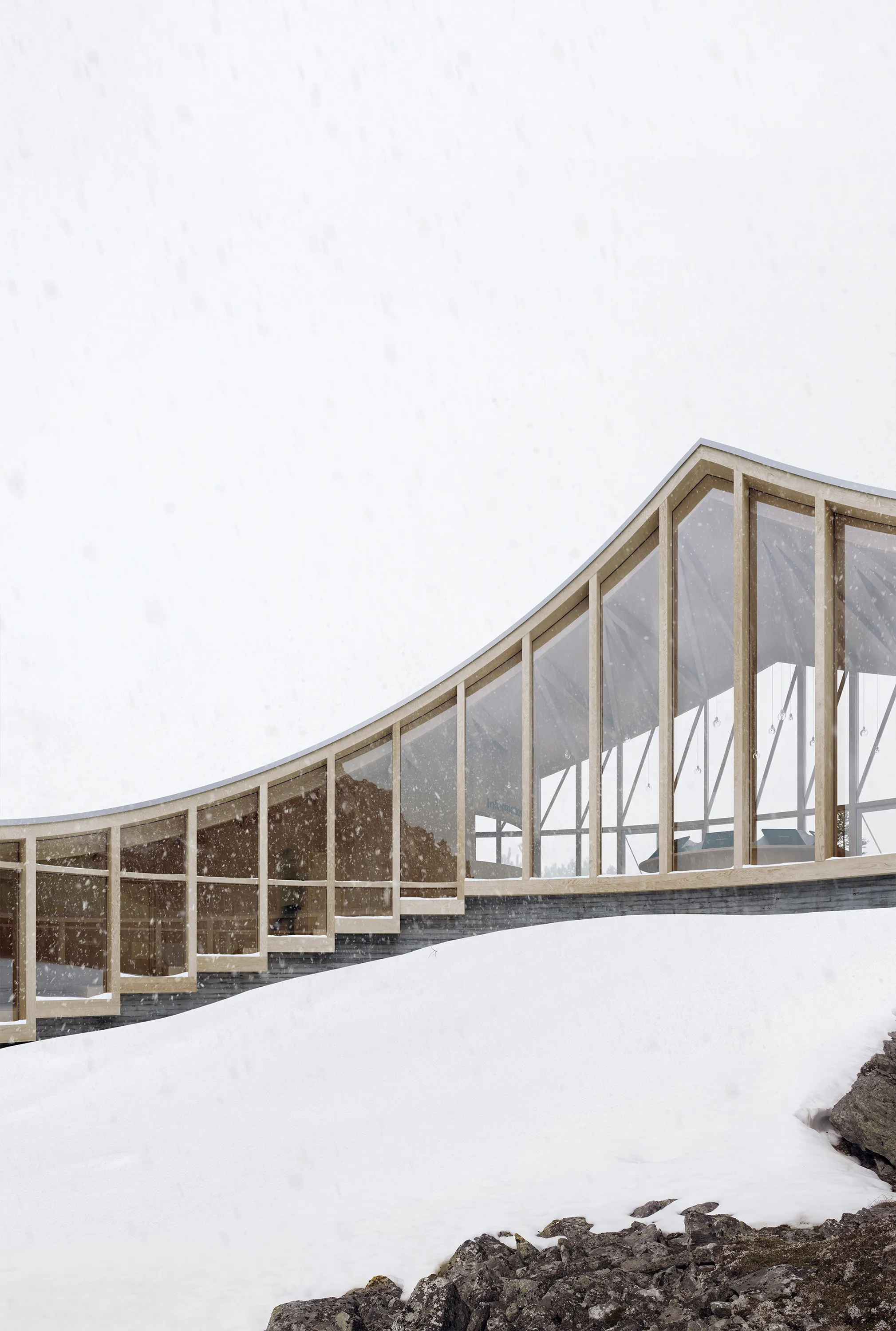 The Nest visitor centre at Preikestolen in a blizzard, its curved timber frame and glazing dusted with snow.