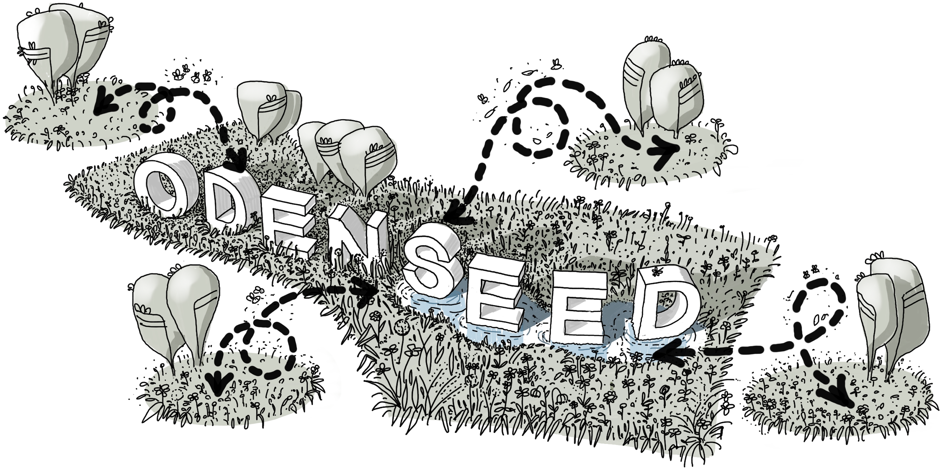 The word ODENSEED drawn as a landscape, its letters formed from meadow planting, trees and water.