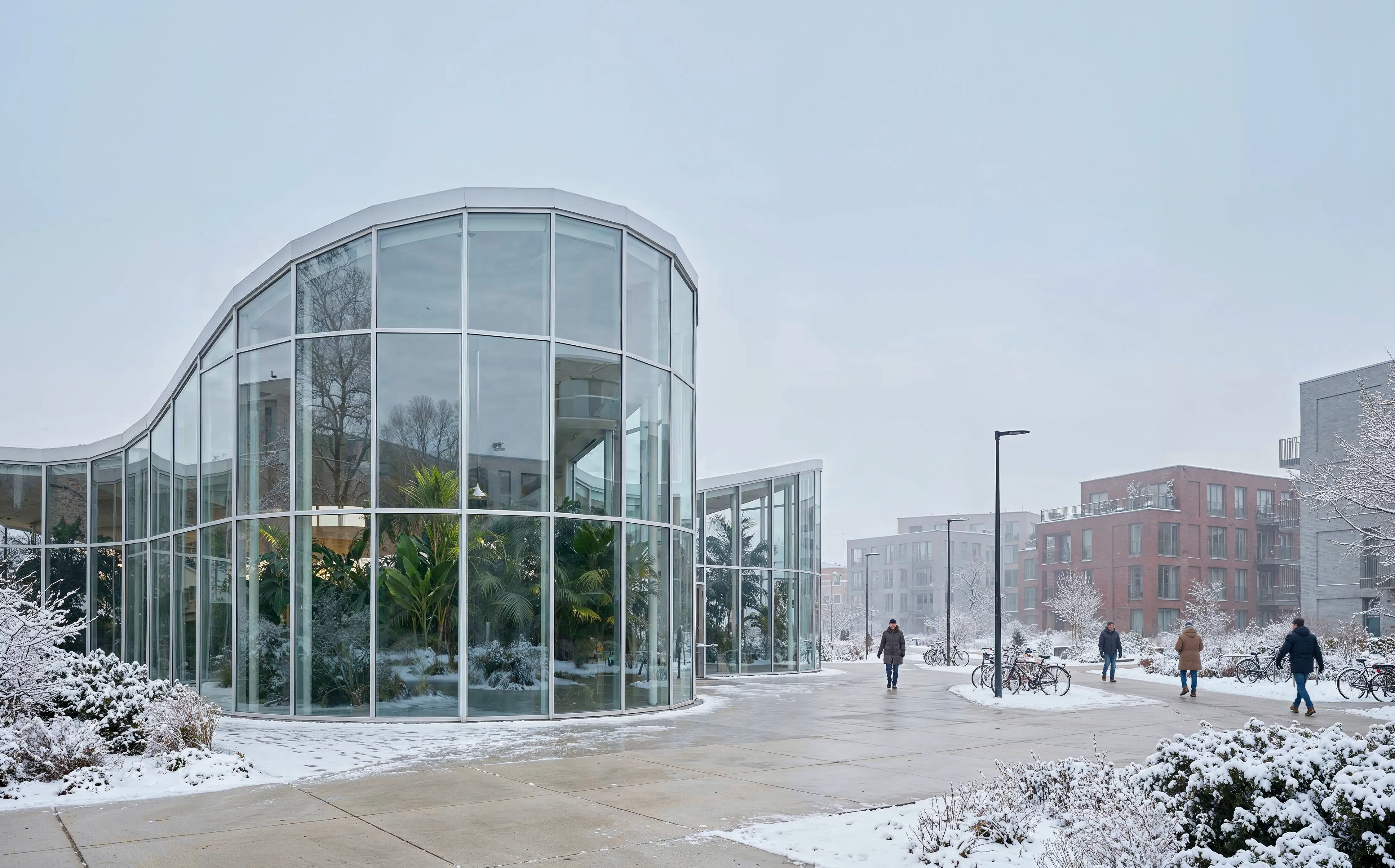 Curved glass winter garden pavilion at Odenseed in snow, planted inside and lit from within.