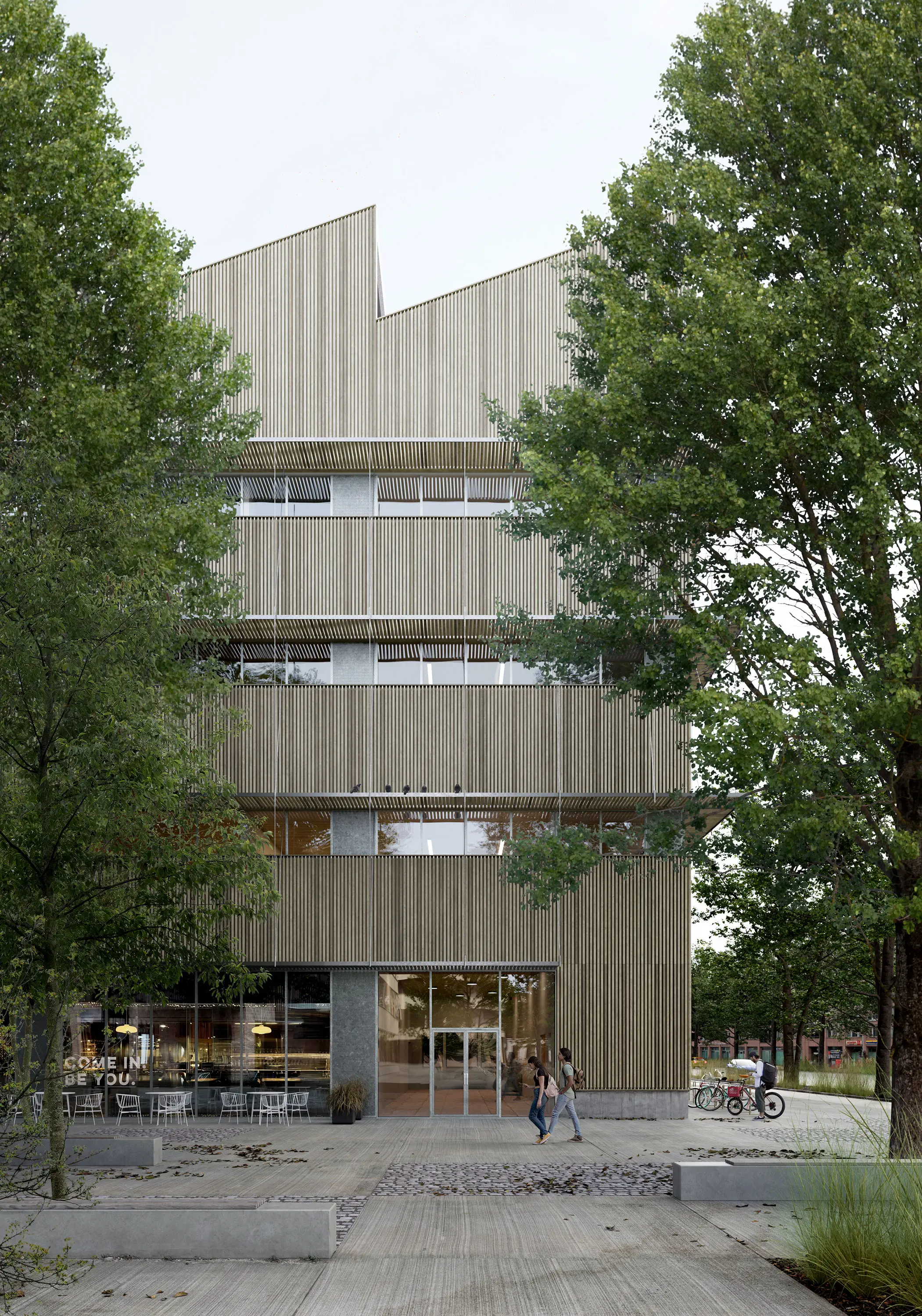 Street level cafe facade in a timber-clad urban building.