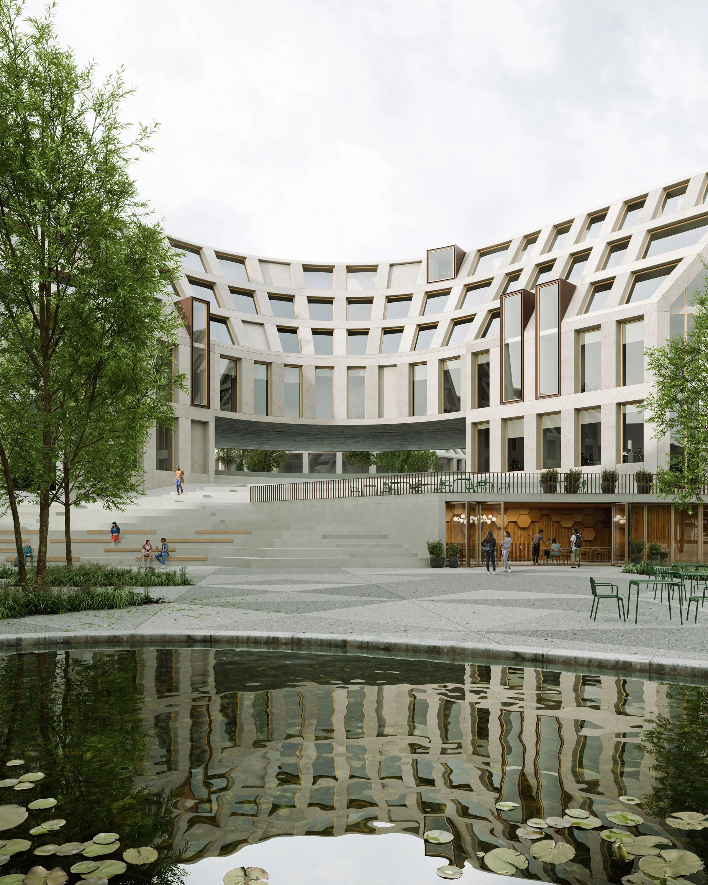 Curved building reflected in water beside a courtyard.
