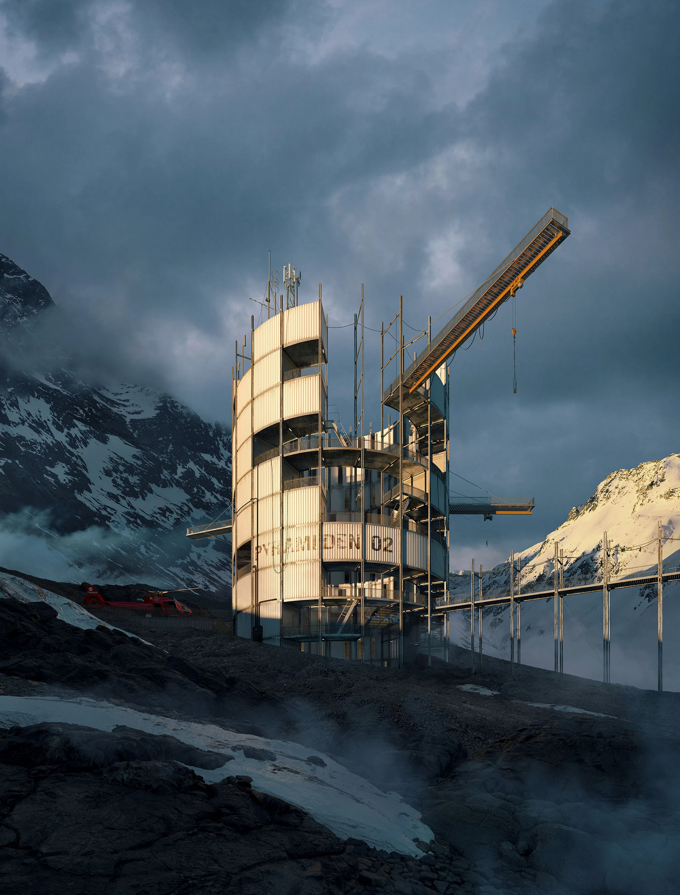 Industrial tower construction in a dramatic Arctic landscape.